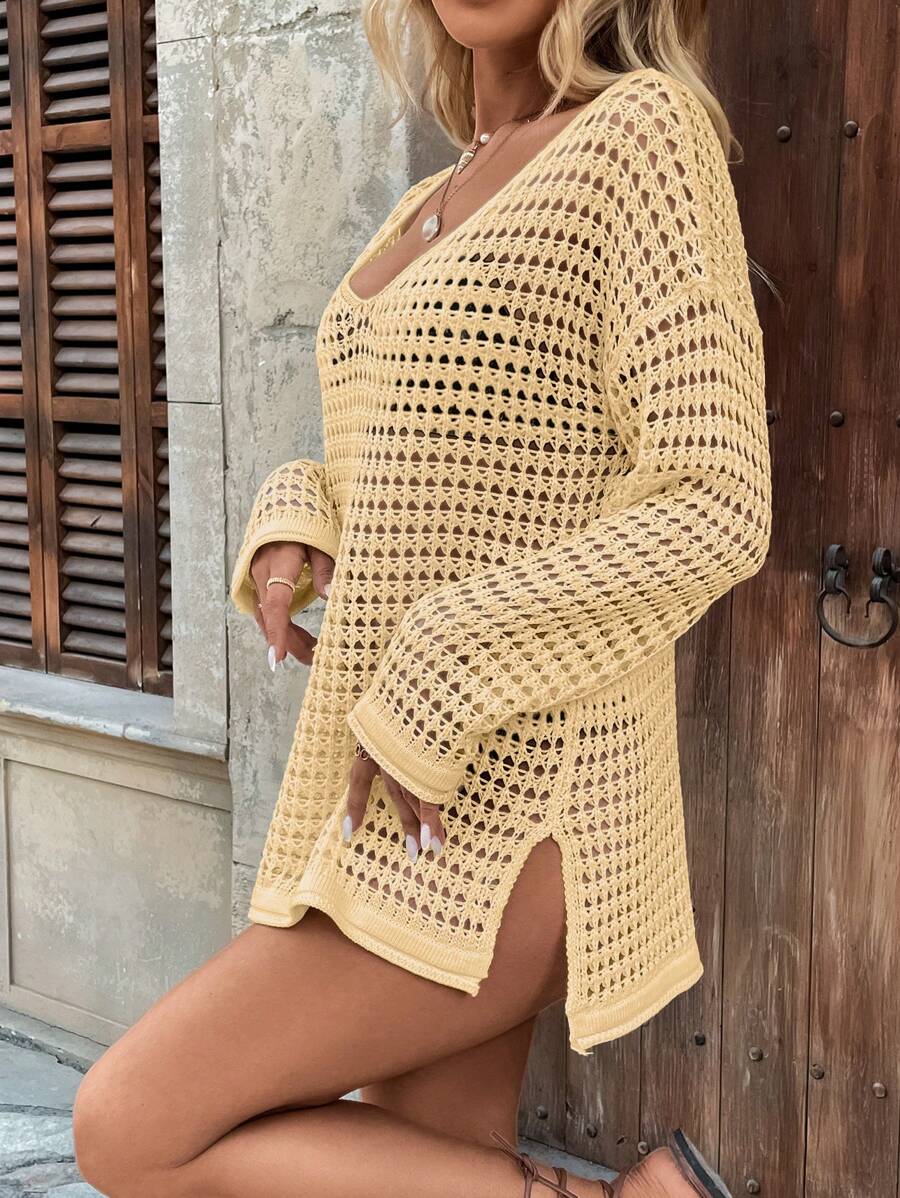 Long-sleeve openwork knit beach cover-up for women