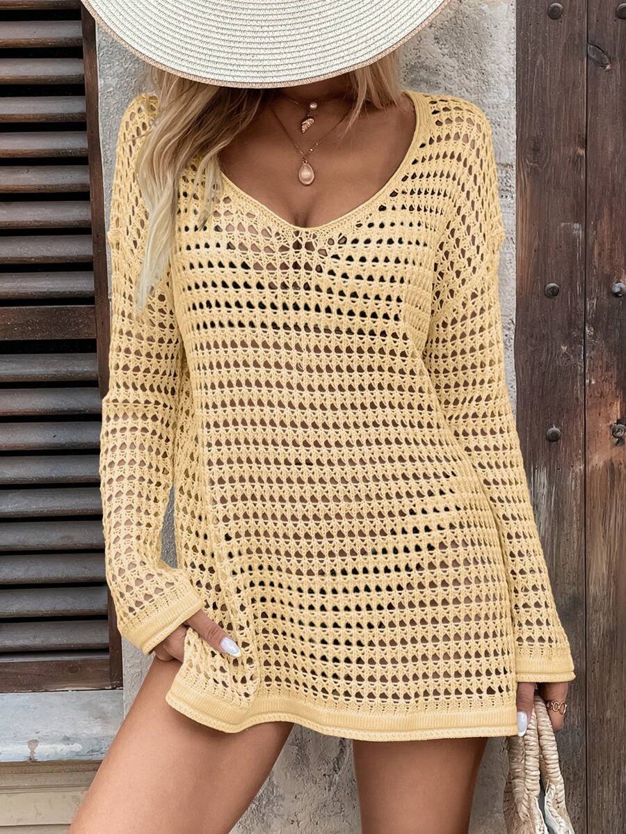 Long-sleeve openwork knit beach cover-up for women