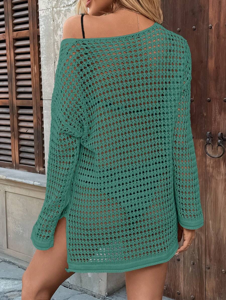 Long-sleeve openwork knit beach cover-up for women