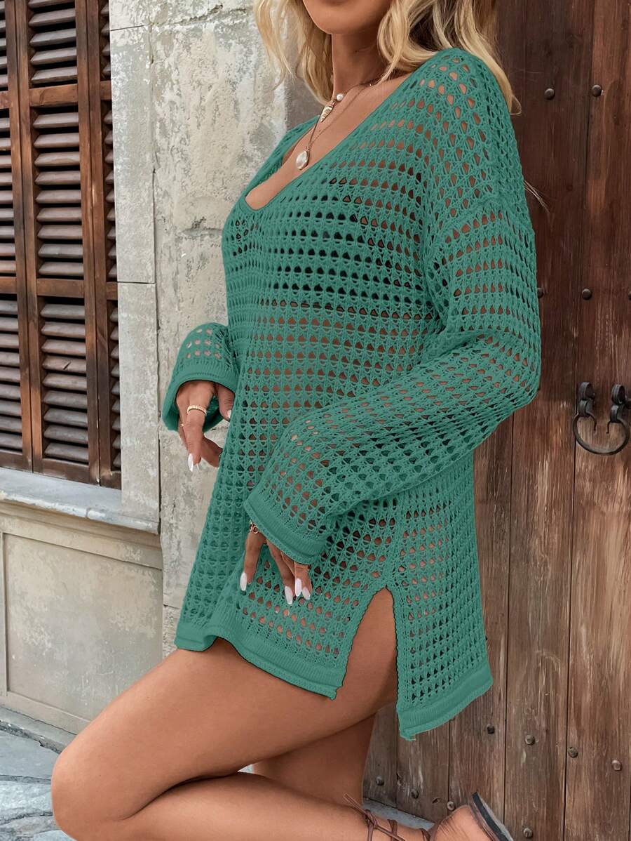 Long-sleeve openwork knit beach cover-up for women