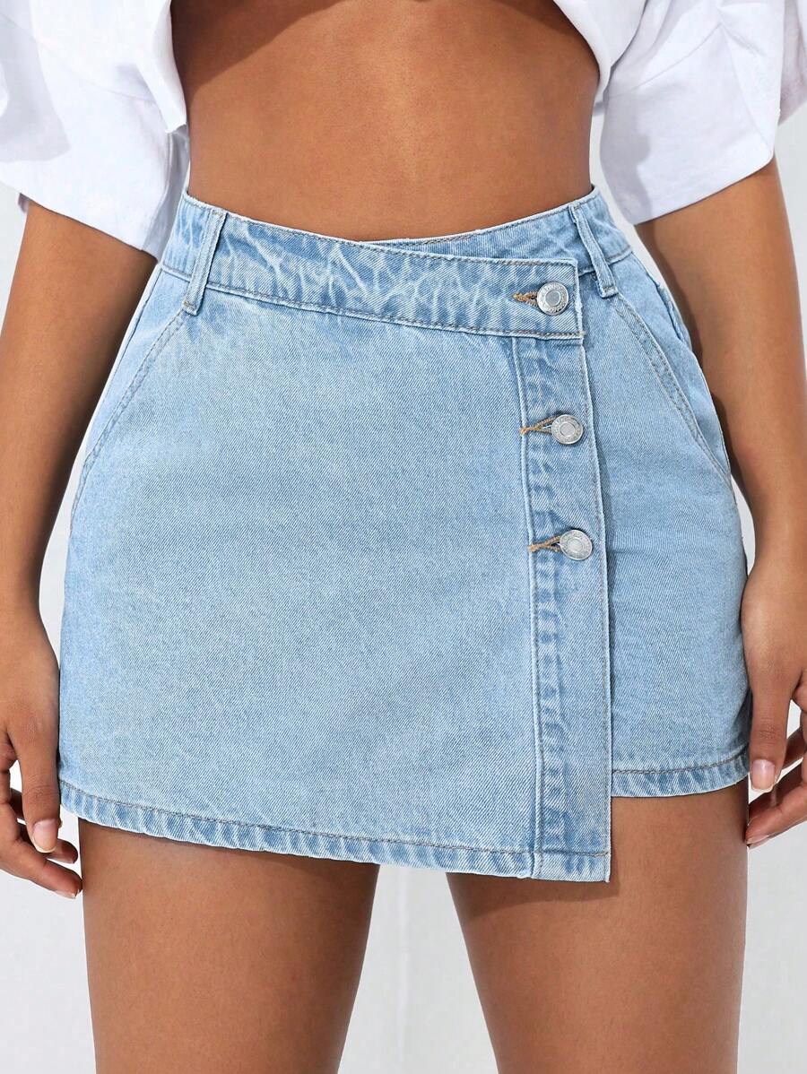 Mini-jupe en jean taille haute avec bouton sur le devant pour femme