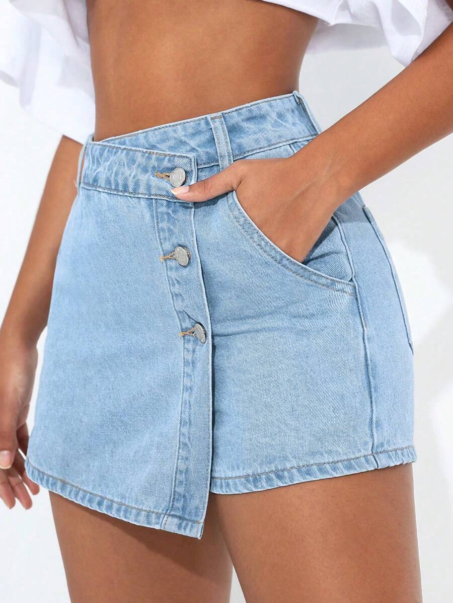 Mini-jupe en jean taille haute avec bouton sur le devant pour femme