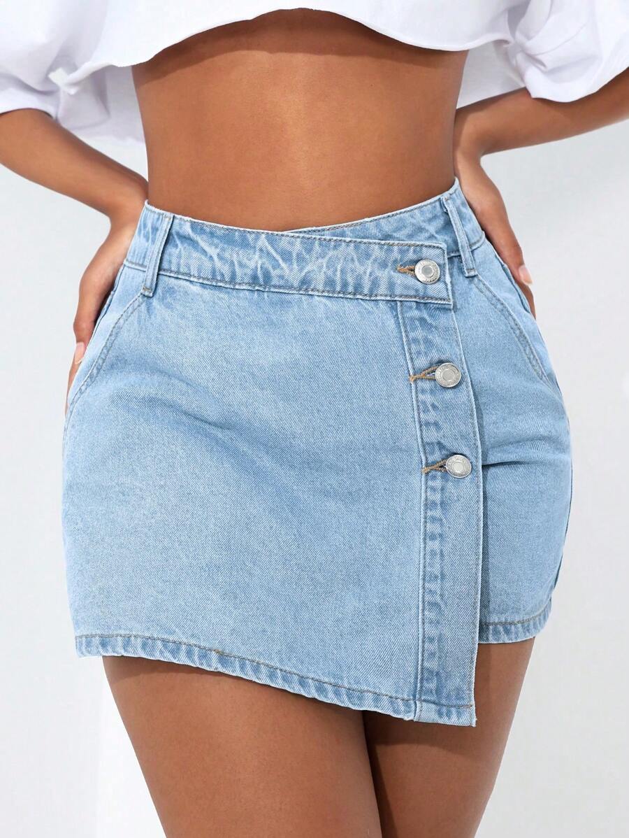 Mini-jupe en jean taille haute avec bouton sur le devant pour femme