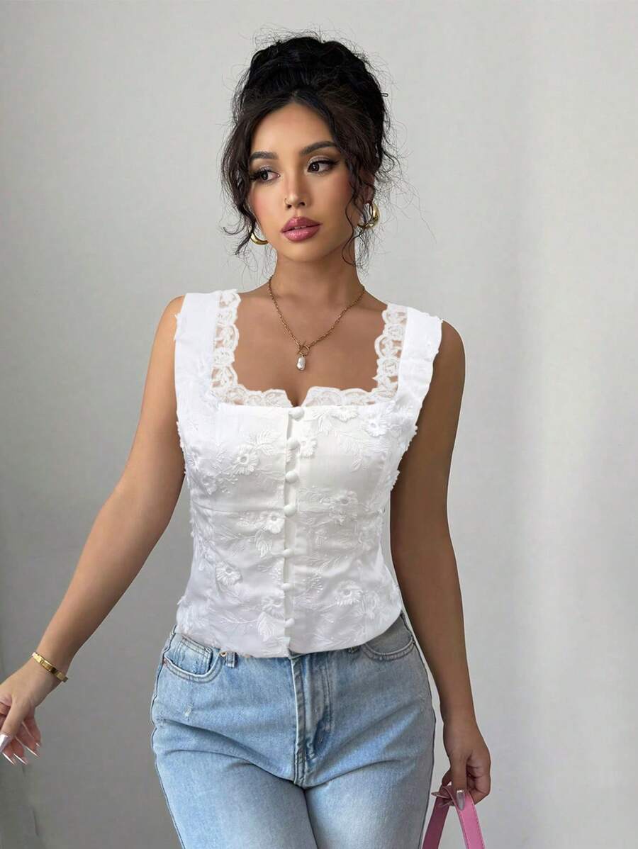 Elegant Flirty Lace Top with Embroidered Patchwork Buttons