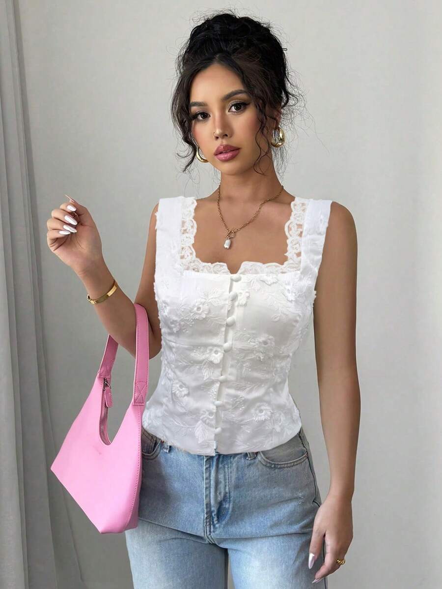 Elegant Flirty Lace Top with Embroidered Patchwork Buttons