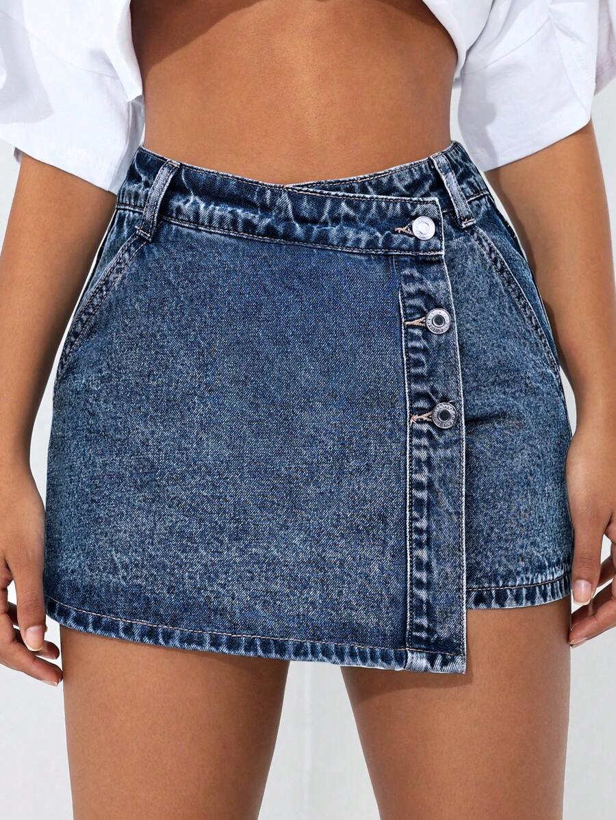 Mini-jupe en jean taille haute avec bouton sur le devant pour femme