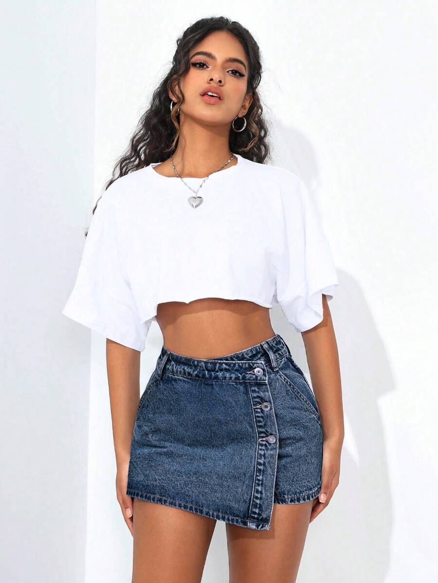 Mini-jupe en jean taille haute avec bouton sur le devant pour femme