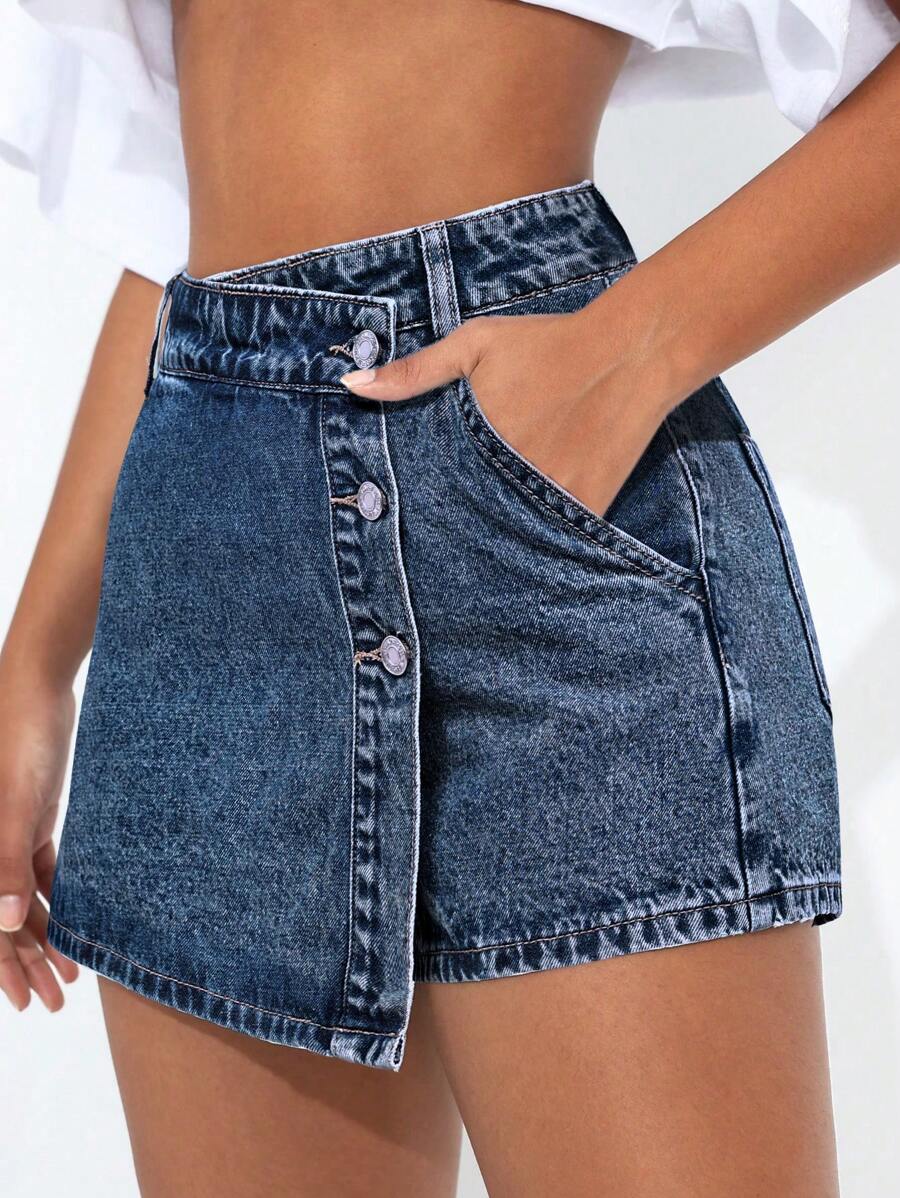 Mini-jupe en jean taille haute avec bouton sur le devant pour femme