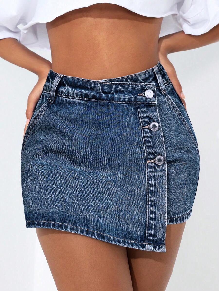 Mini-jupe en jean taille haute avec bouton sur le devant pour femme