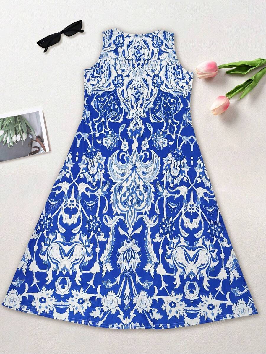 Elegant blomstrede midi kjole med print, let til ferie og sommer
