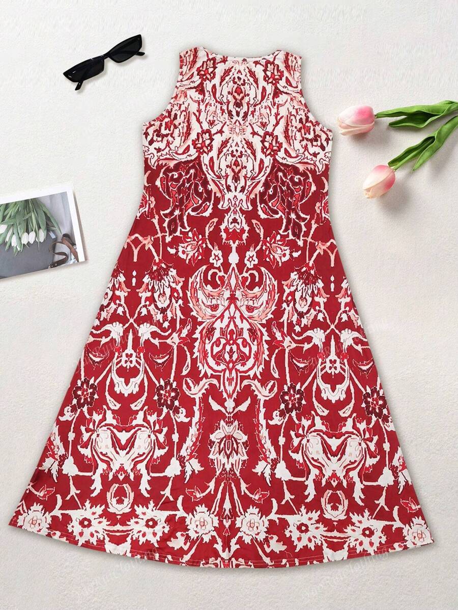 Elegant blomstrede midi kjole med print, let til ferie og sommer
