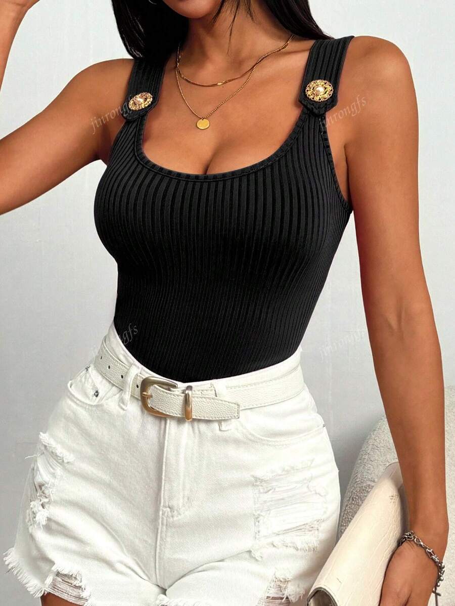 Ribbed knit tank tops with wide straps for women – Casual slim fit summer top