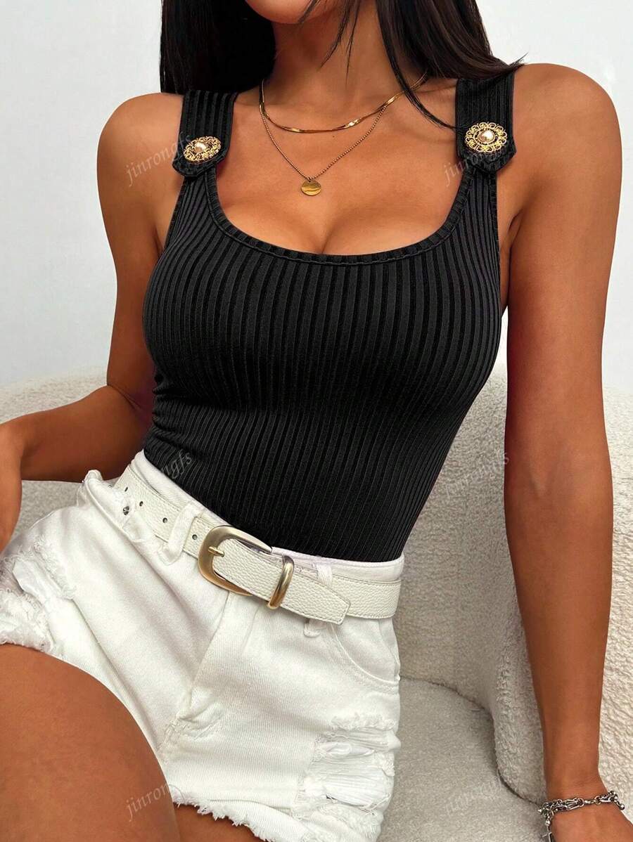Ribbed knit tank tops with wide straps for women – Casual slim fit summer top