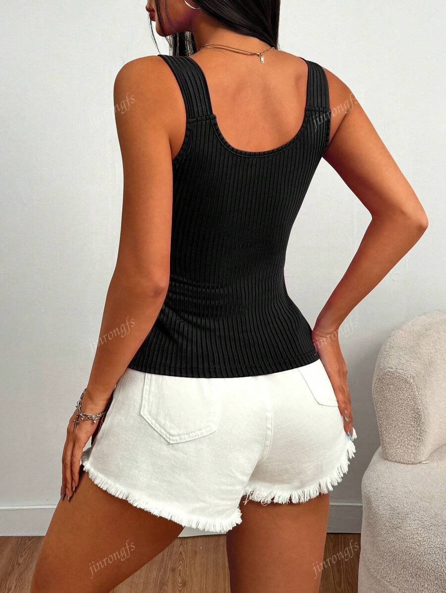 Ribbed knit tank tops with wide straps for women – Casual slim fit summer top