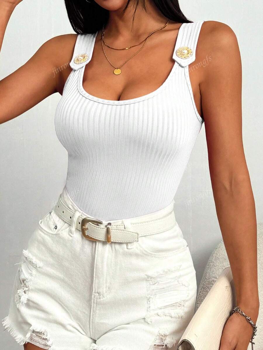 Ribbed knit tank tops with wide straps for women – Casual slim fit summer top
