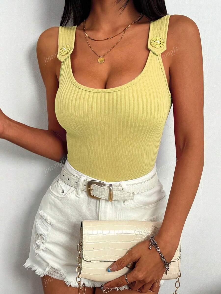 Ribbed knit tank tops with wide straps for women – Casual slim fit summer top