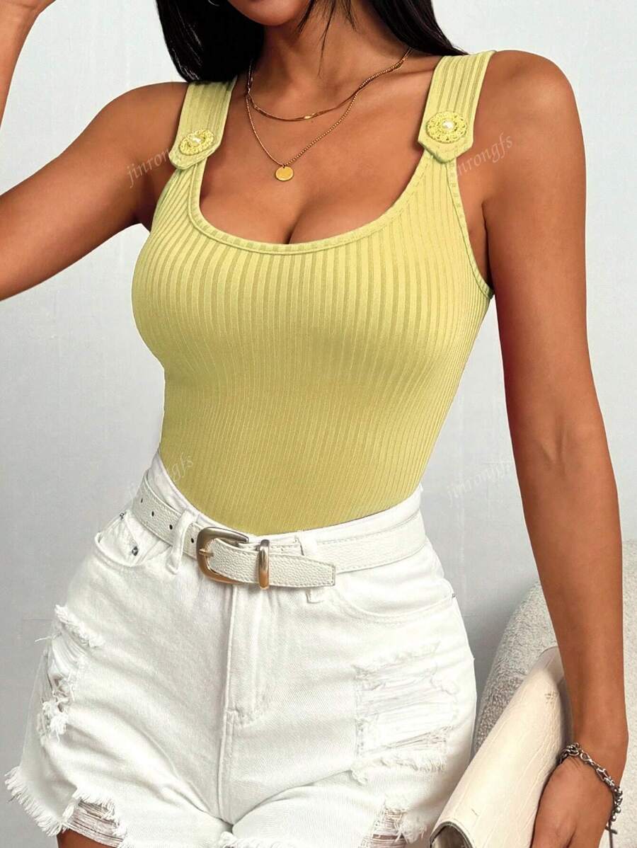 Ribbed knit tank tops with wide straps for women – Casual slim fit summer top