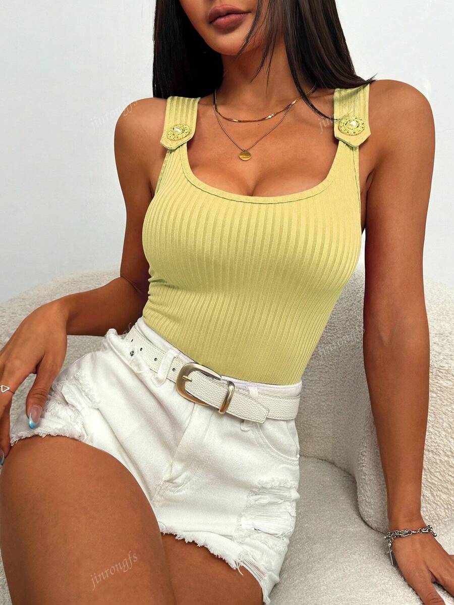 Ribbed knit tank tops with wide straps for women – Casual slim fit summer top
