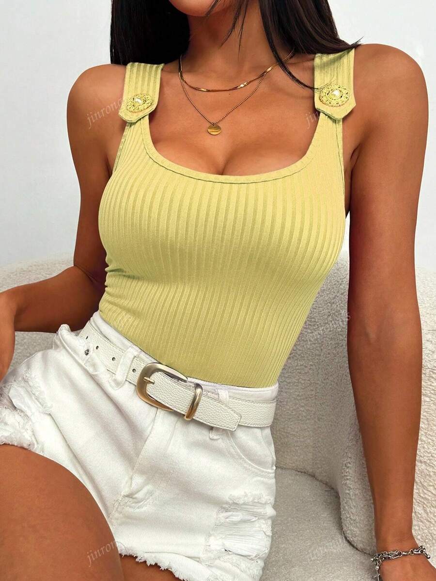 Ribbed knit tank tops with wide straps for women – Casual slim fit summer top