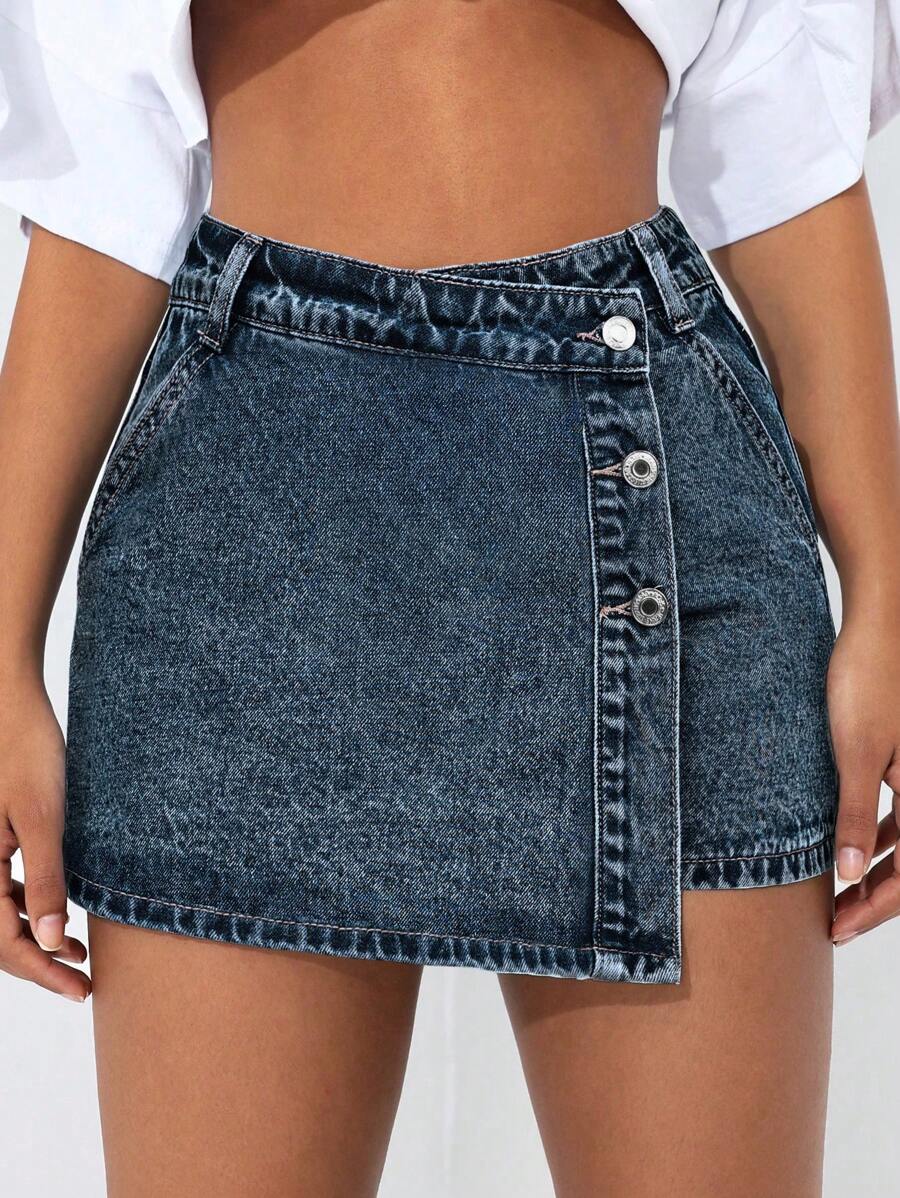 Mini-jupe en jean taille haute avec bouton sur le devant pour femme