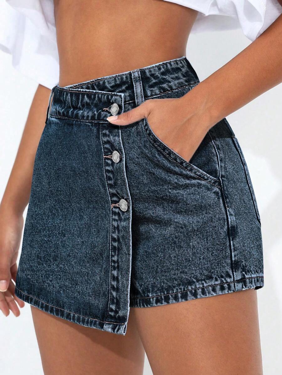 Mini-jupe en jean taille haute avec bouton sur le devant pour femme