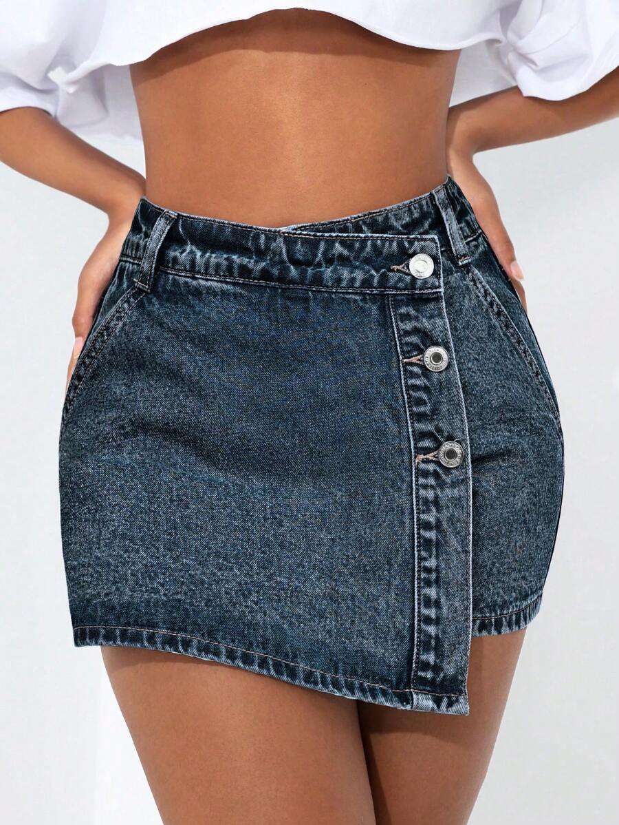Mini-jupe en jean taille haute avec bouton sur le devant pour femme