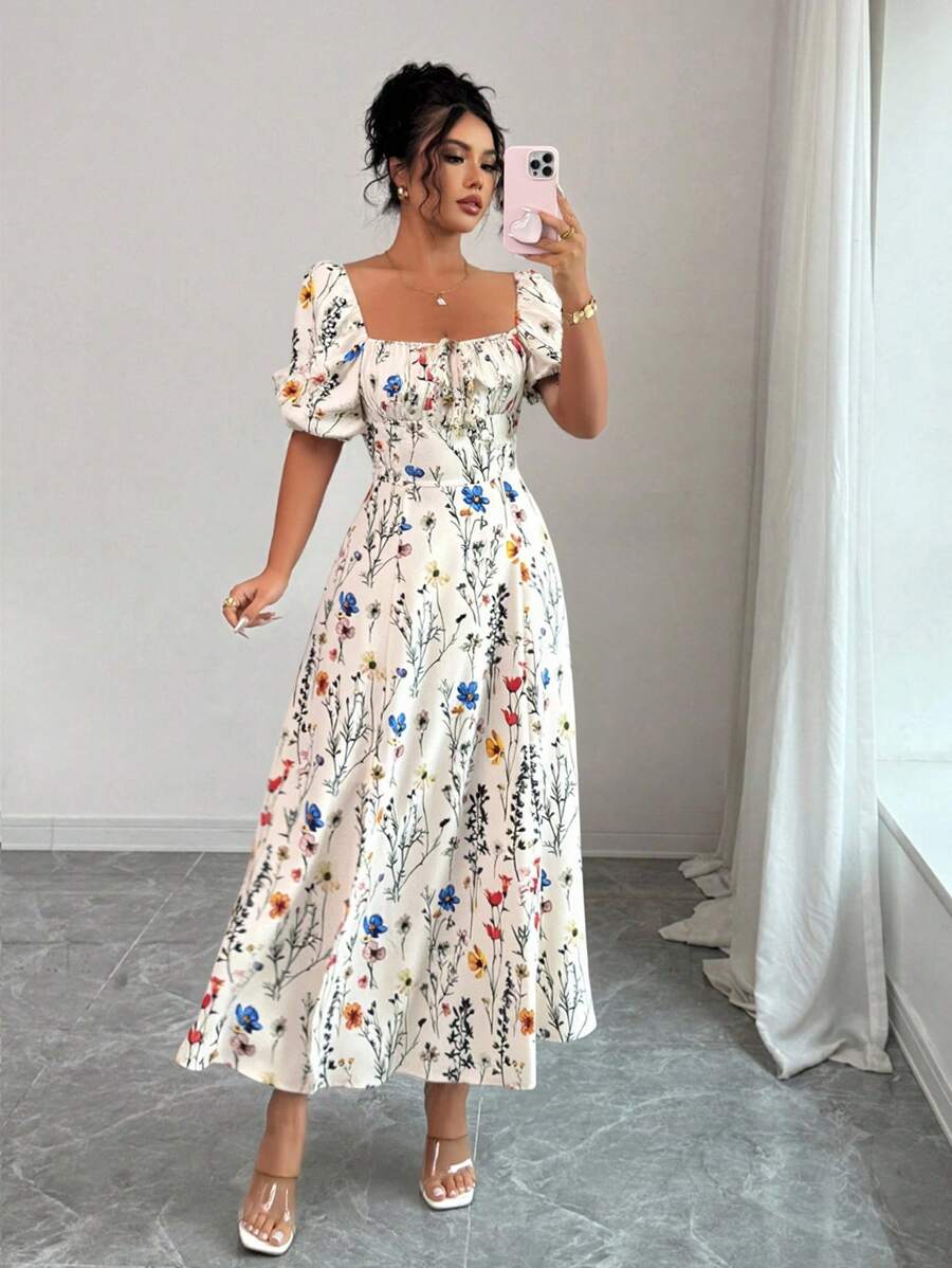 Midi floral dress with square neckline, puff sleeves and slit for women