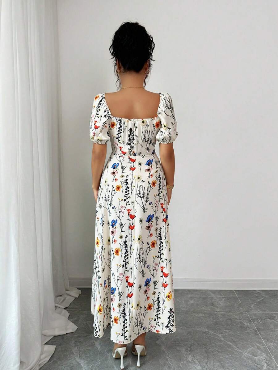 Midi floral dress with square neckline, puff sleeves and slit for women