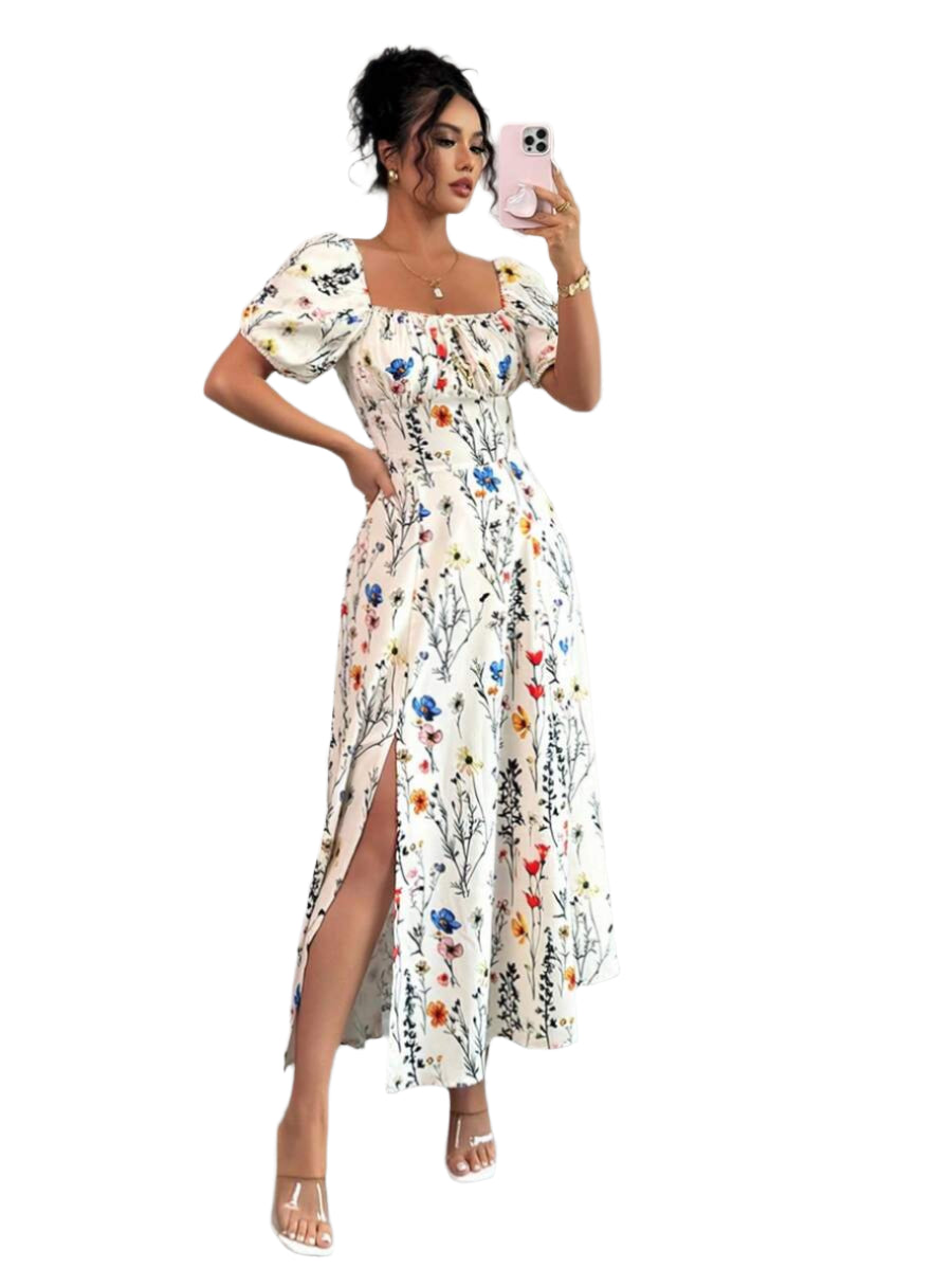 Midi floral dress with square neckline, puff sleeves and slit for women