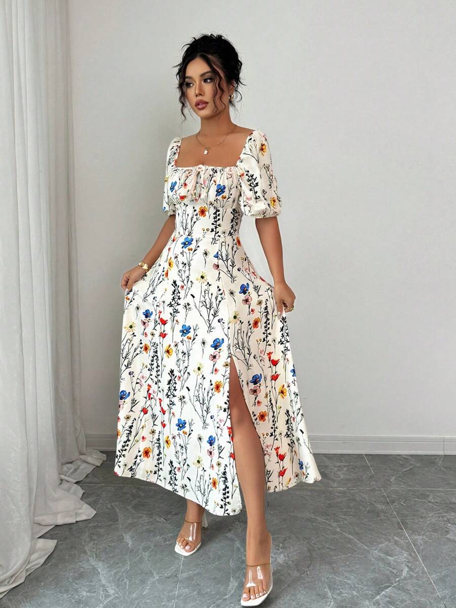Midi floral dress with square neckline, puff sleeves and slit for women
