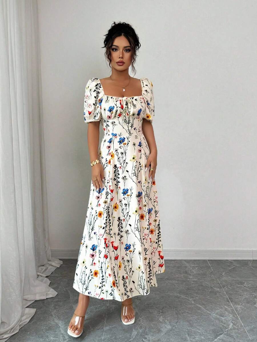 Midi floral dress with square neckline, puff sleeves and slit for women