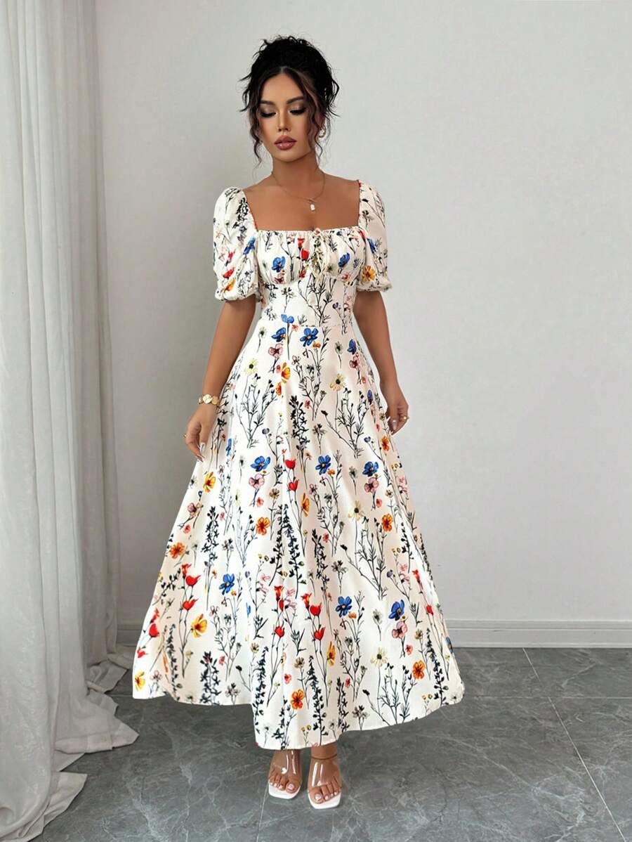 Midi floral dress with square neckline, puff sleeves and slit for women