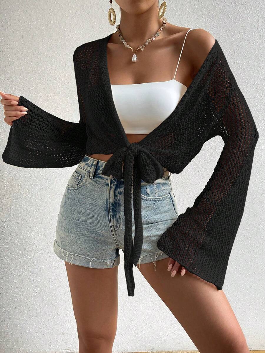 Mesh beach cover-up with front knot and ruffled sleeves