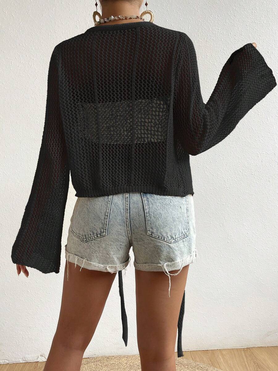 Mesh beach cover-up with front knot and ruffled sleeves