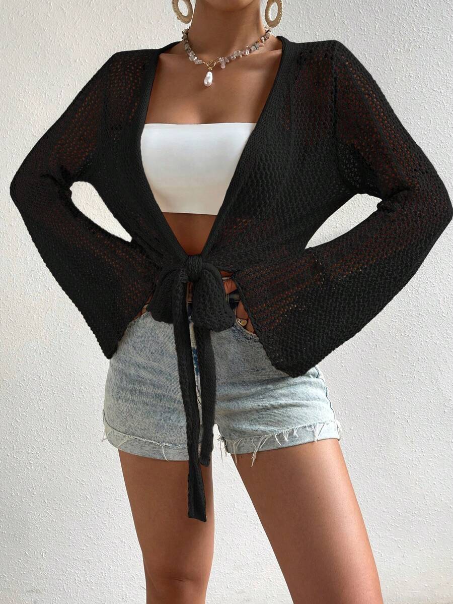 Mesh beach cover-up with front knot and ruffled sleeves