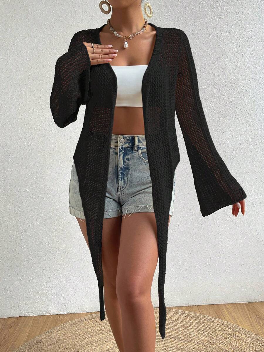 Mesh beach cover-up with front knot and ruffled sleeves
