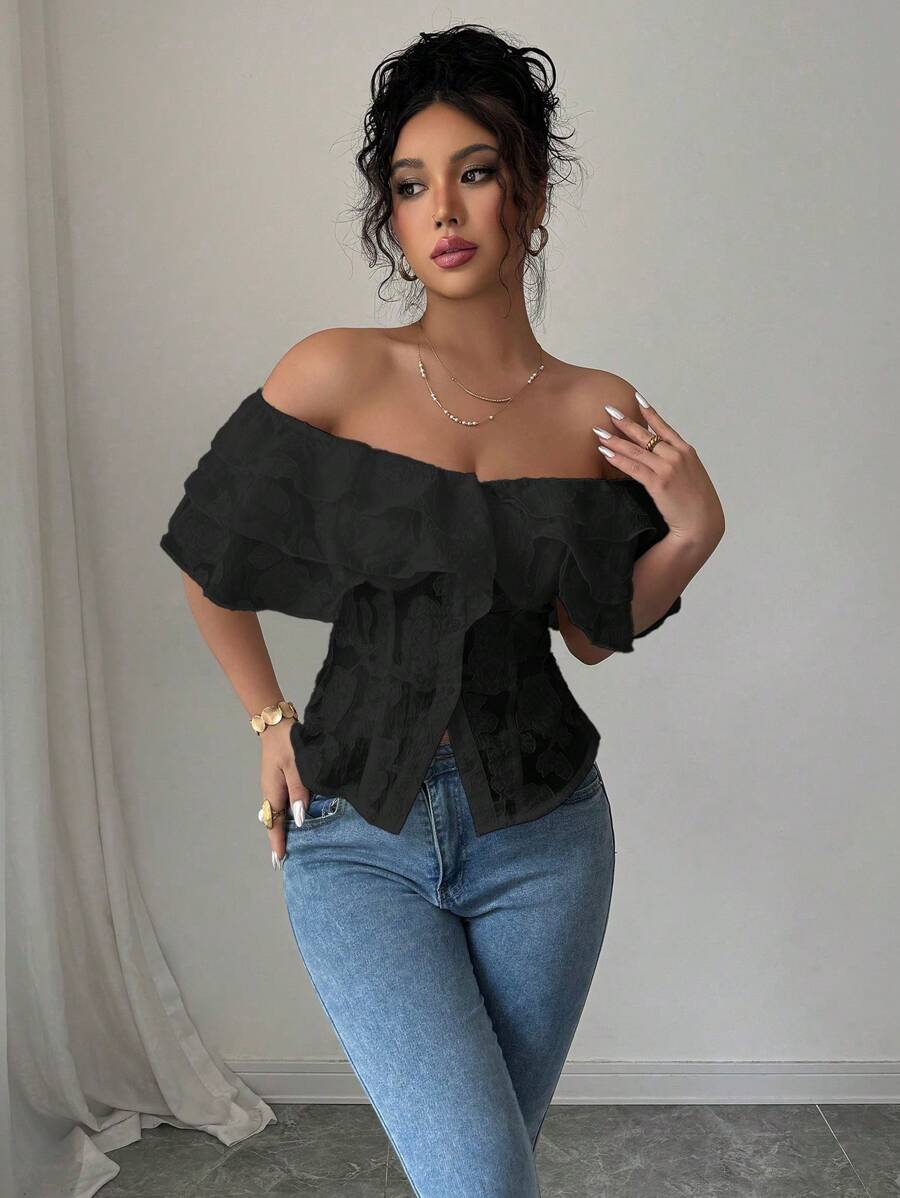 Flirty off-shoulder ruffled fitted tops romantic chic style