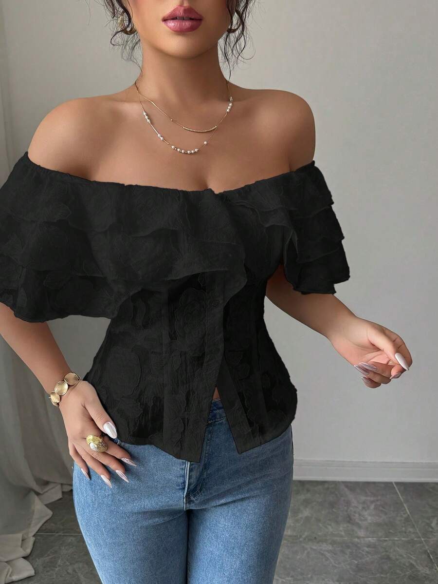 Flirty off-shoulder ruffled fitted tops romantic chic style