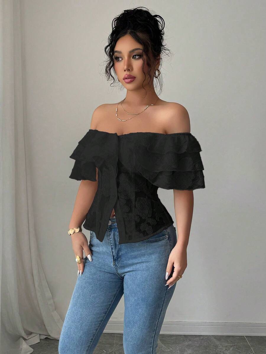 Flirty off-shoulder ruffled fitted tops romantic chic style