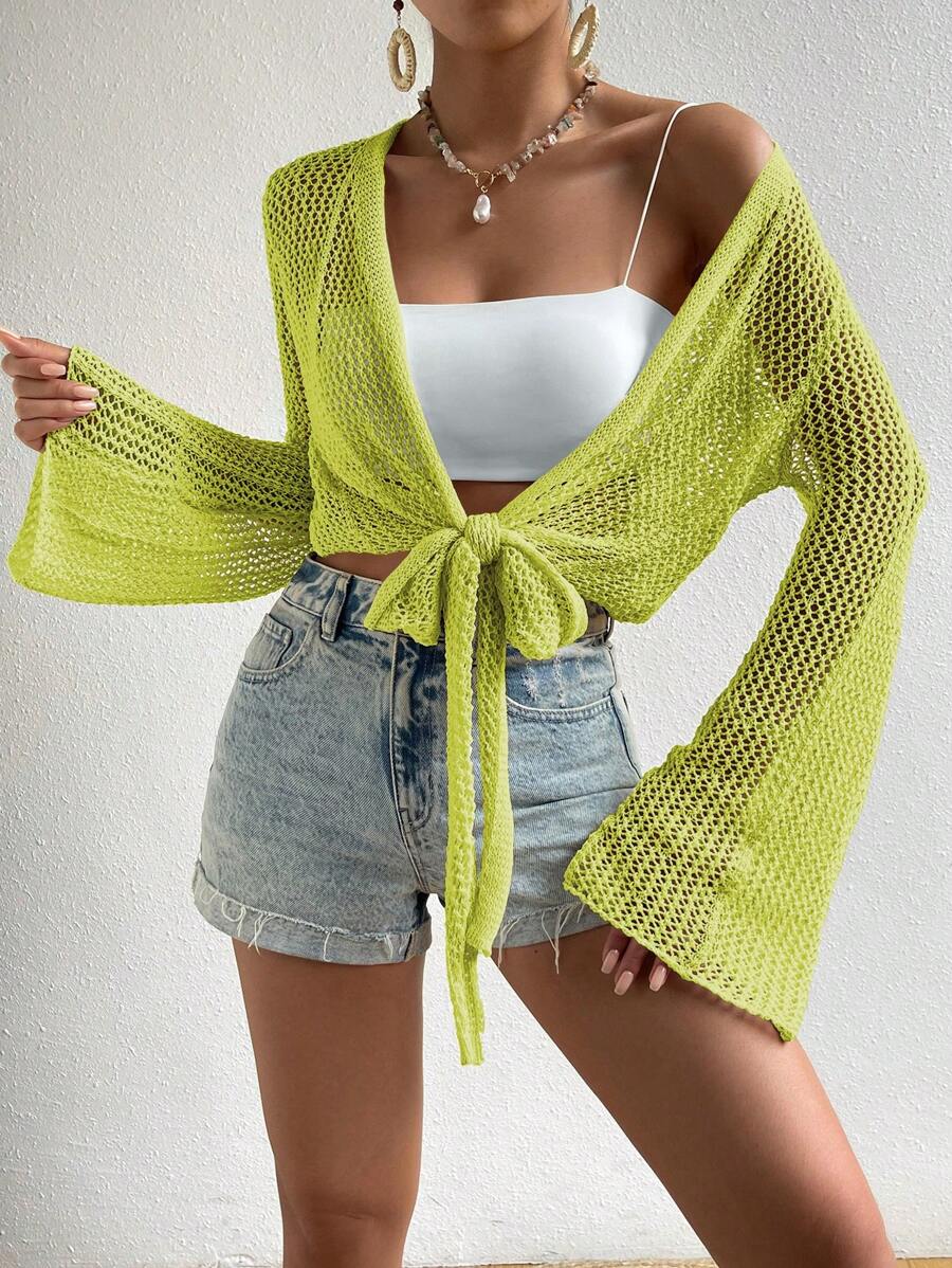 Mesh beach cover-up with front knot and ruffled sleeves