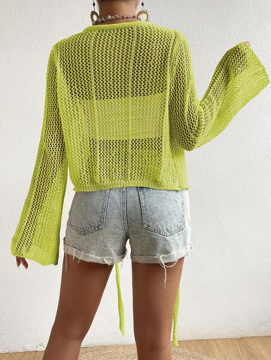 Mesh beach cover-up with front knot and ruffled sleeves
