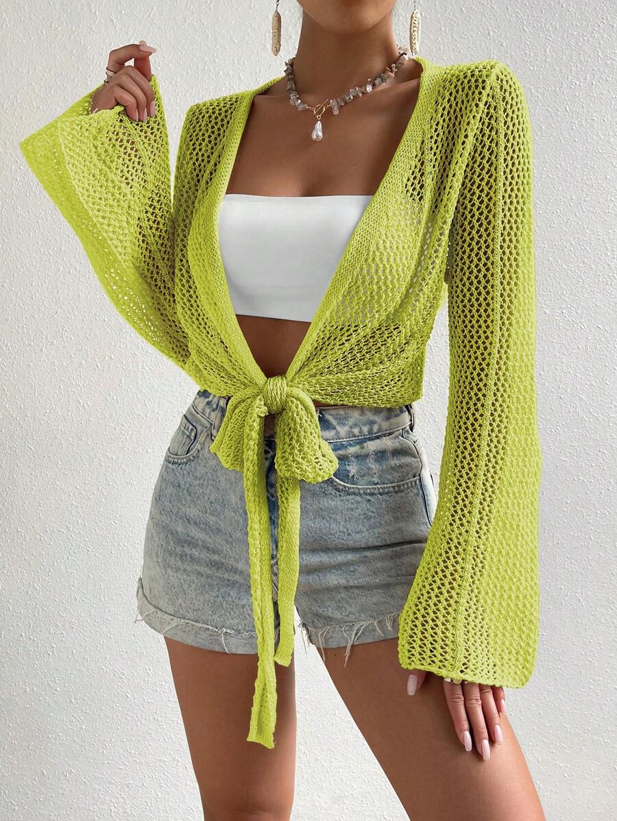 Mesh beach cover-up with front knot and ruffled sleeves