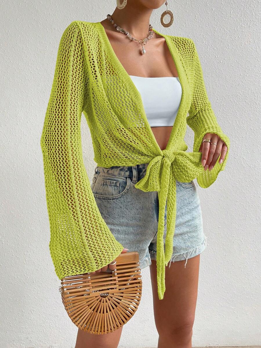 Mesh beach cover-up with front knot and ruffled sleeves