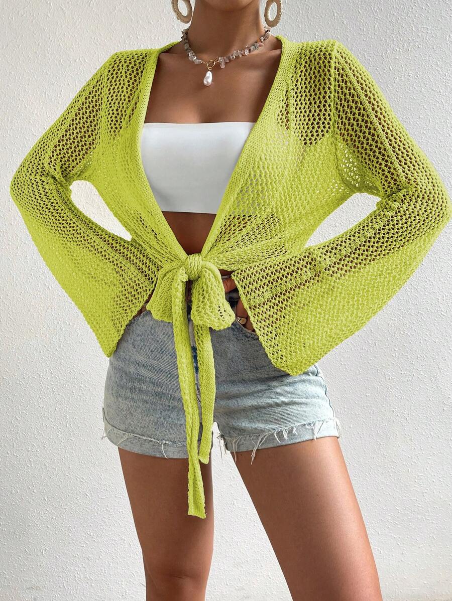 Mesh beach cover-up with front knot and ruffled sleeves