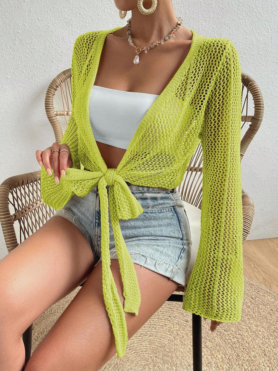 Mesh beach cover-up with front knot and ruffled sleeves