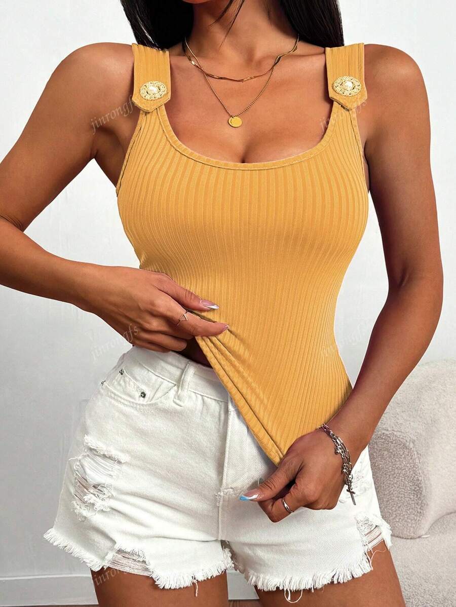 Ribbed knit tank tops with wide straps for women – Casual slim fit summer top