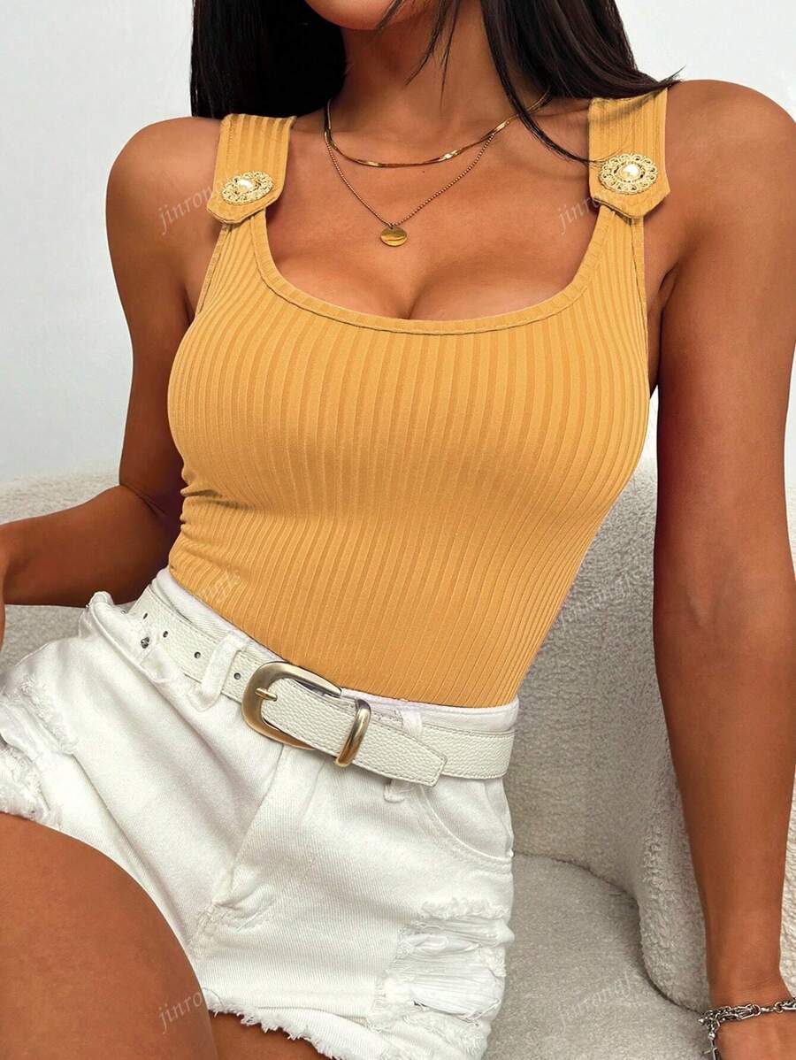 Ribbed knit tank tops with wide straps for women – Casual slim fit summer top