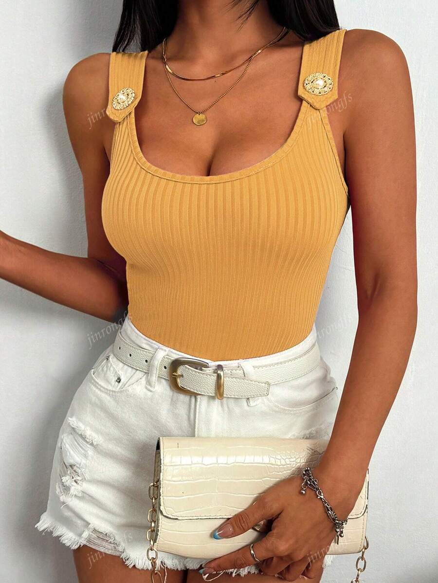 Ribbed knit tank tops with wide straps for women – Casual slim fit summer top