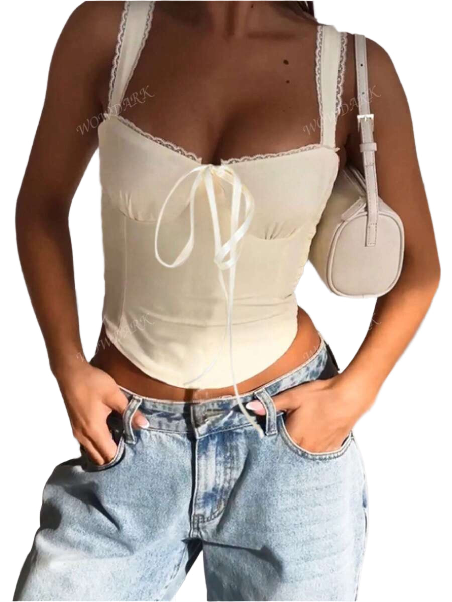 Haut coquette en dentelle avec lien sur le devant et design style corset