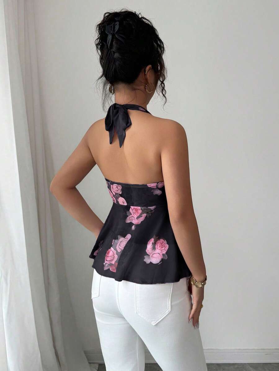 Floral halter top and coquettish with knotted mesh on the front for women